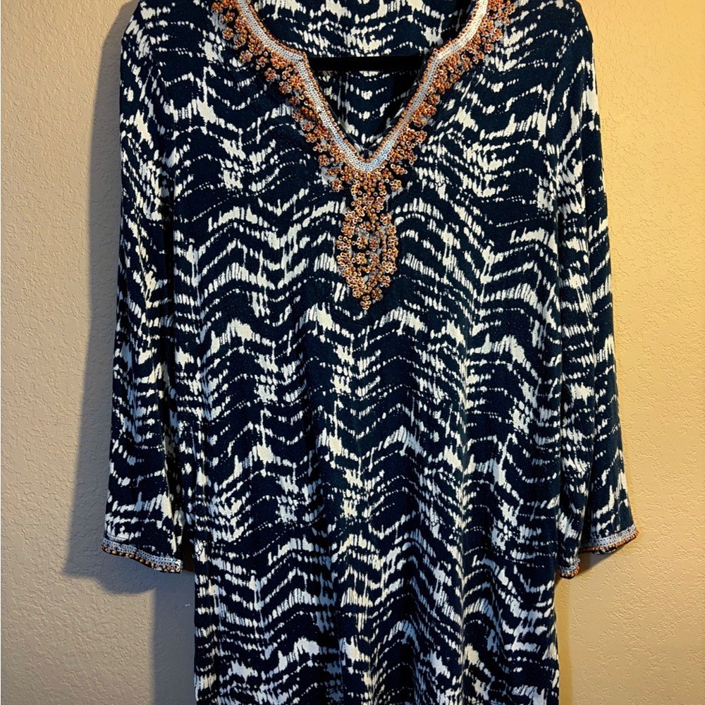 Soft Surroundings Kira Tunic Top Navy Blue White Ikat Batik Beaded‎ Sequin Boho